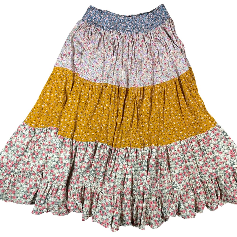 Easel Womens Boho Floral Patchwork Midi Skirt Size S Tiered Smocked Cottagecore